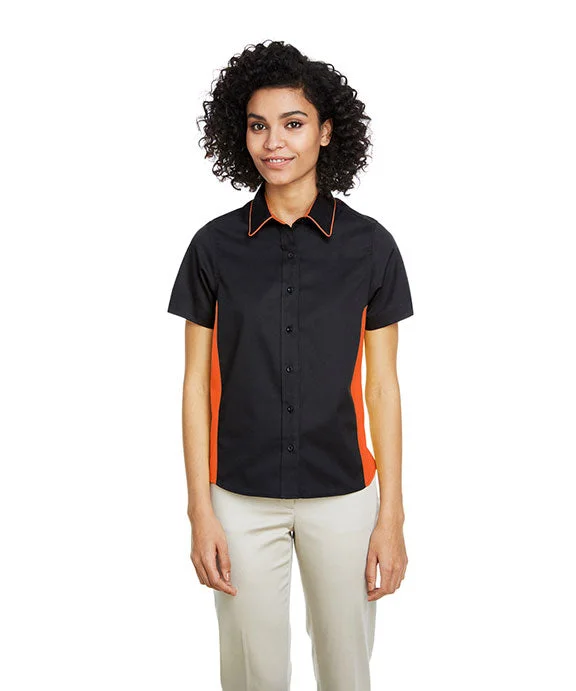 Breezy Outfits M586W - Harriton Ladies Flash IL Colorblock Short Sleeve Shirt | Black/Team Orange Breezy Outfits M586W - Harriton Ladies Flash IL Colorblock Short Sleeve Shirt | Black/Team Orange