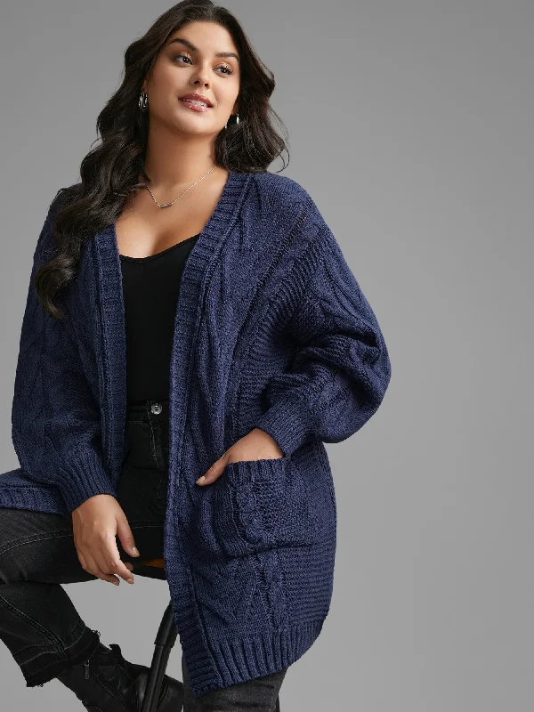 American Style Texture Cable Knit Patched Pocket Cardigan