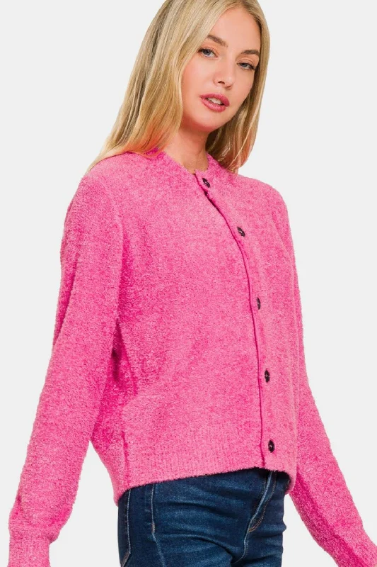 Slightly Flared Design Pink Button Down Cardigan