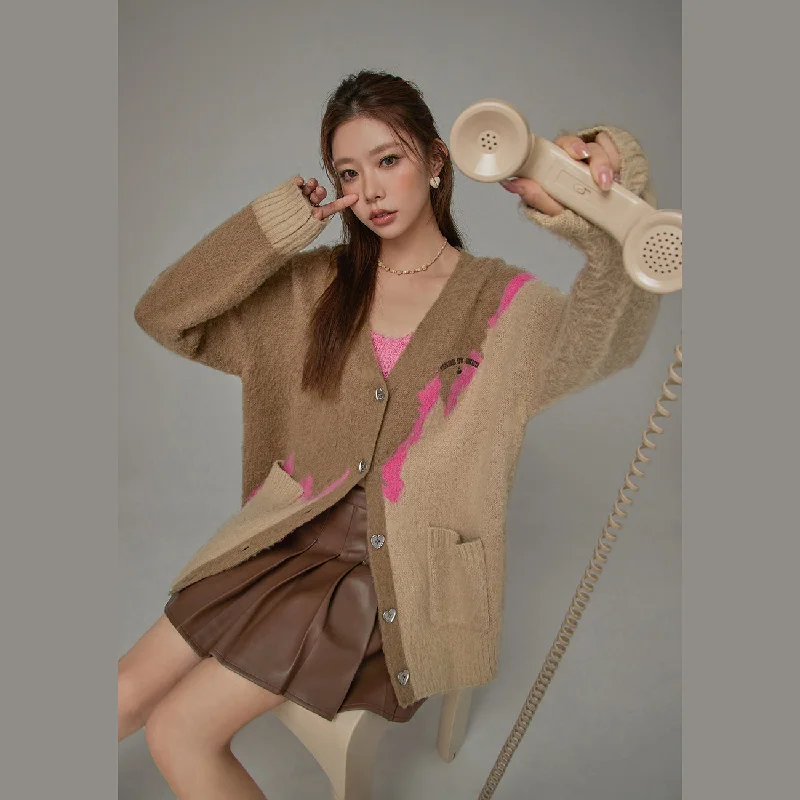 Wandering freely Heart Button Color Cardigan