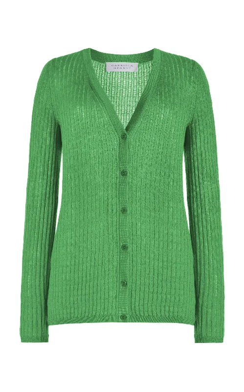 Urban Design Sense Emma Pointelle Knit Cardigan in Peridot Green Cashmere Silk