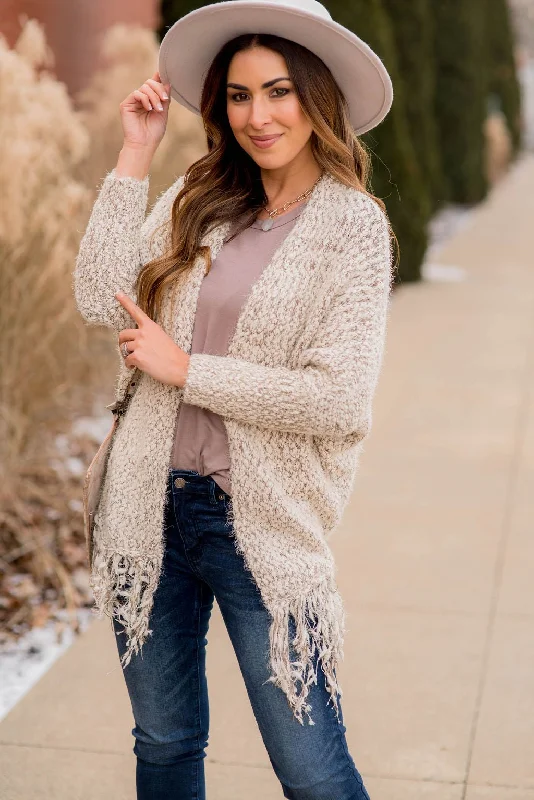 Casual Fit Fringe Trimmed Cardigan - Mocha