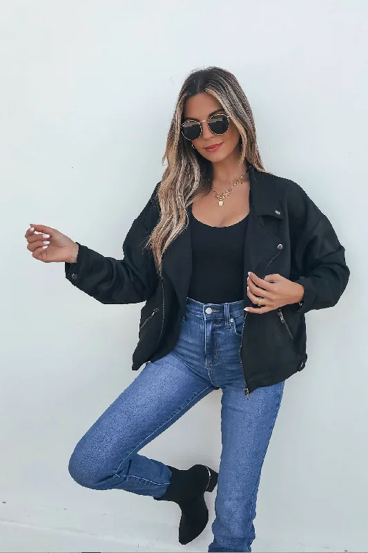 Black Faux Suede Biker Jacket - DOORBUSTER