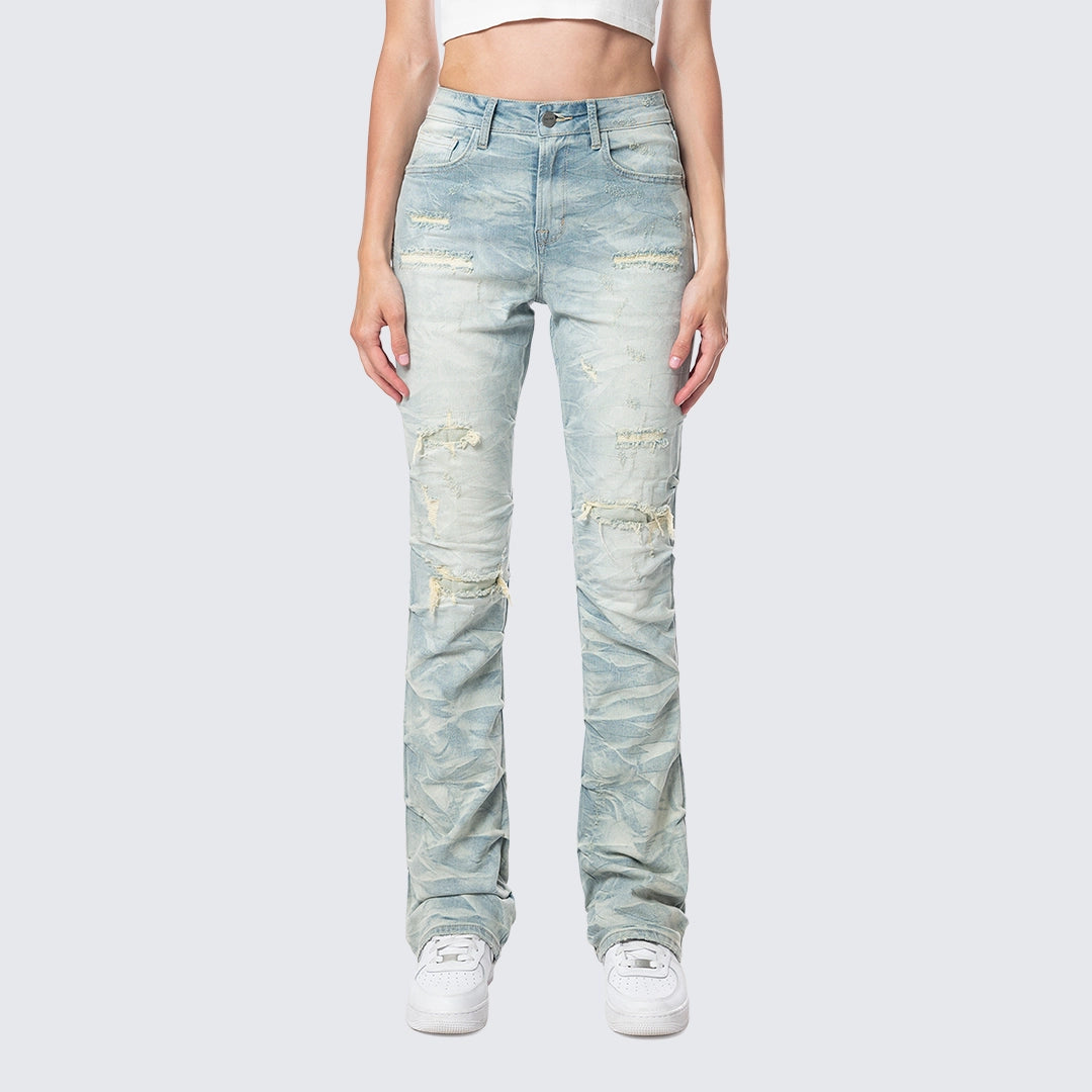 High Rise Bootcut Stacked Ripped Jeans - Seville Blue