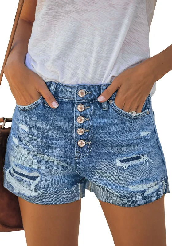 Women Summer High Waisted Sewn Cuffed Hem Buttons Denim Jean Shorts