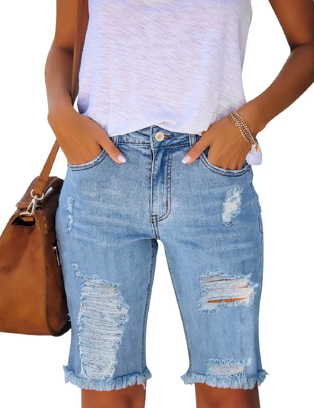 Women High Waist Ripped Bermuda Jean Shorts Skinny Denim Shorts