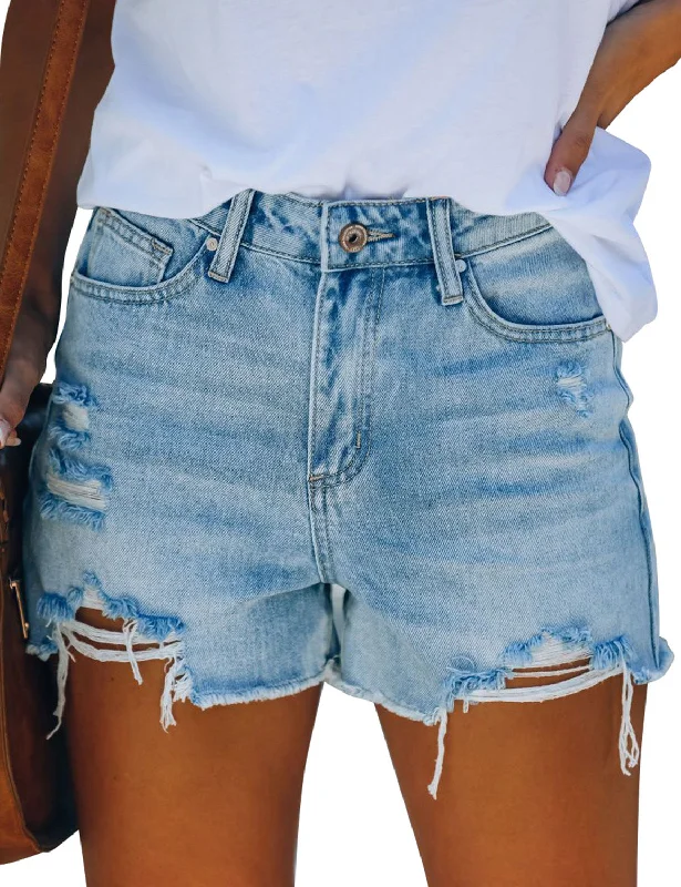 Light Blue High Waist Ruched Hem Distressed Denim Shorts