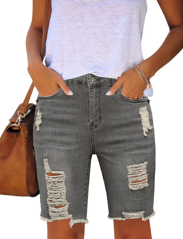 Women High Waist Ripped Bermuda Jean Shorts Skinny Denim Shorts