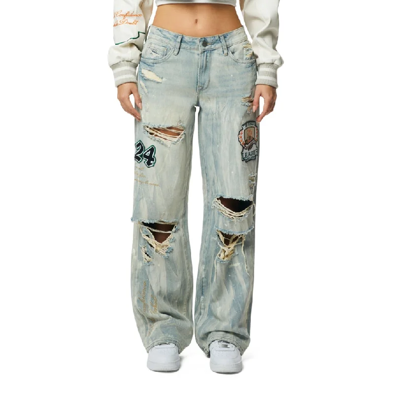 Mid Rise Wide Leg Patched Jeans - Leo Blue