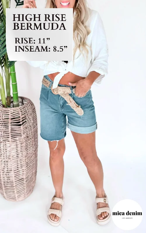 The Gemma High Rise Pleated Bermuda Denim Shorts | MICA