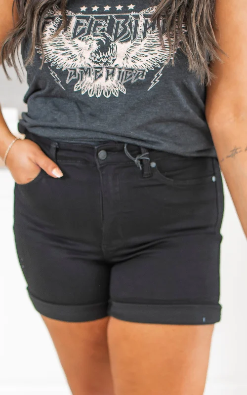 The Mila Tummy Control Black Denim Shorts (REG/CURVY) | JUDY BLUE - Final Sale