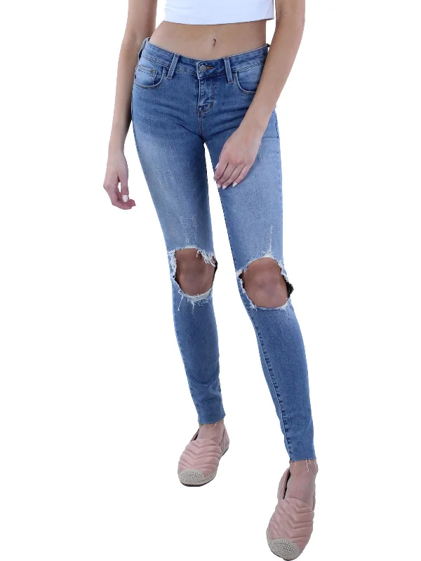 Womens Mid-Rise Distressed Skinny Jeans