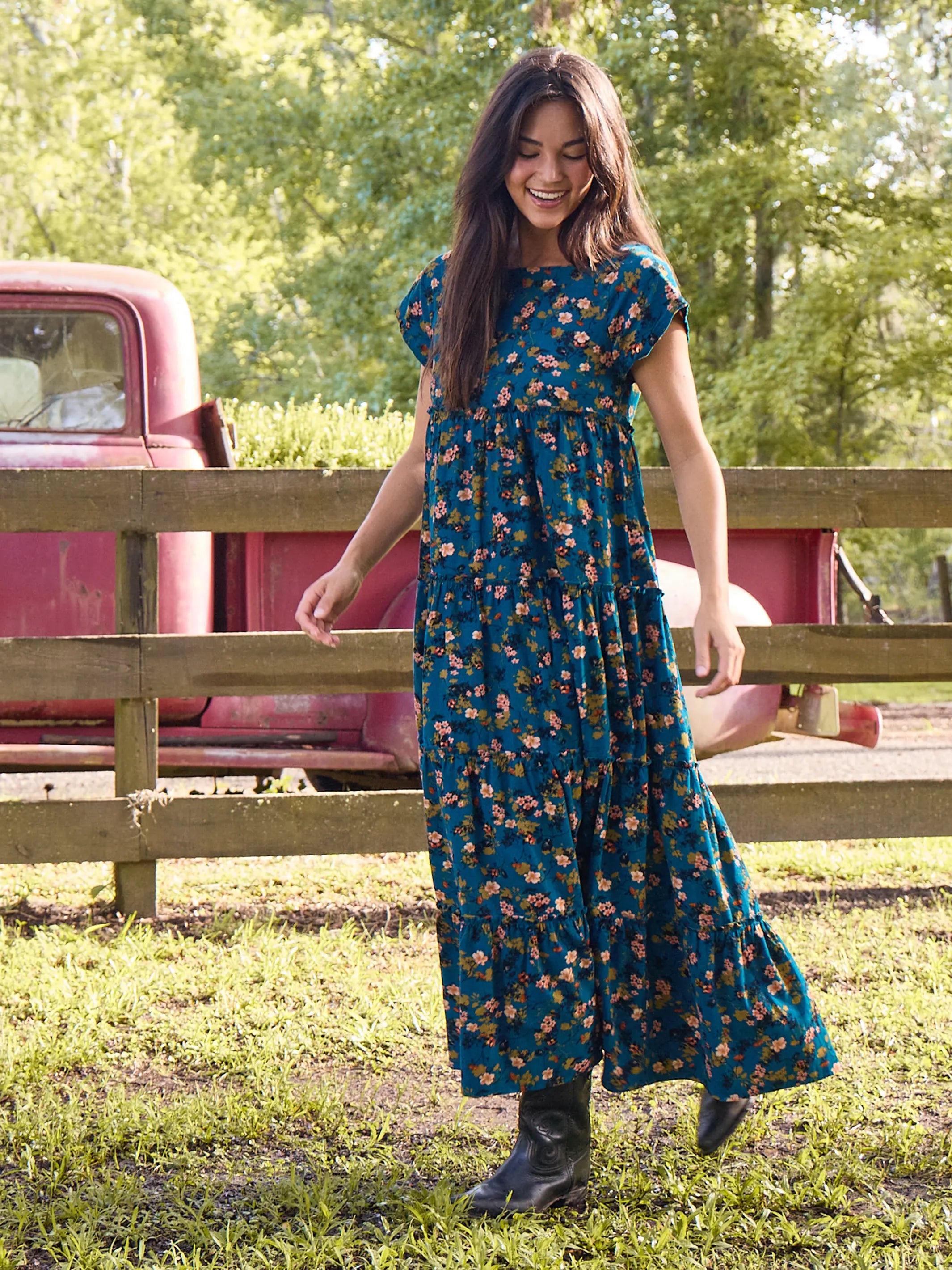 Berkley Corduroy Maxi Dress - Dark Turquoise Ditsy