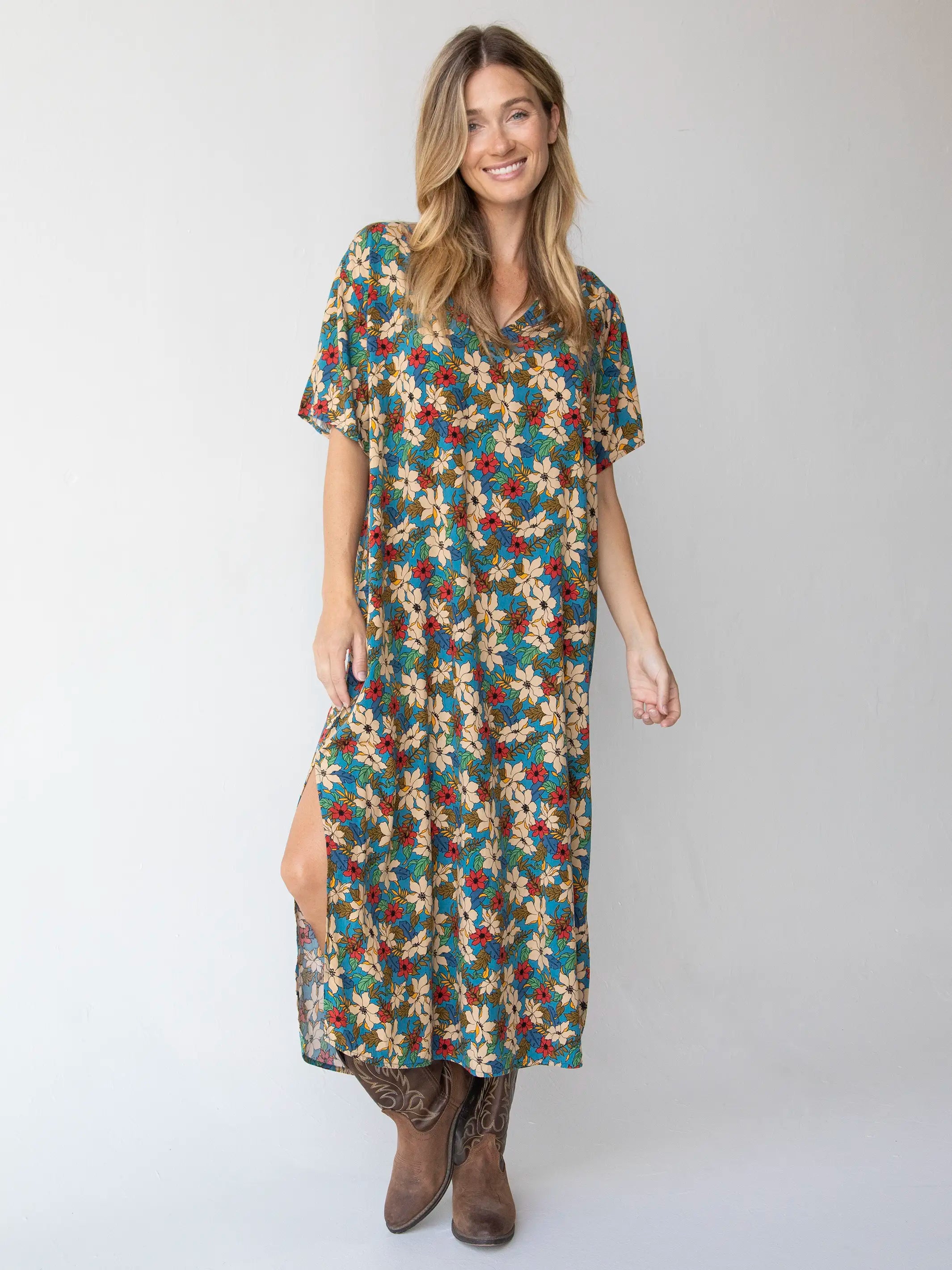 Claire Maxi Dress - Blue Tan Lilies