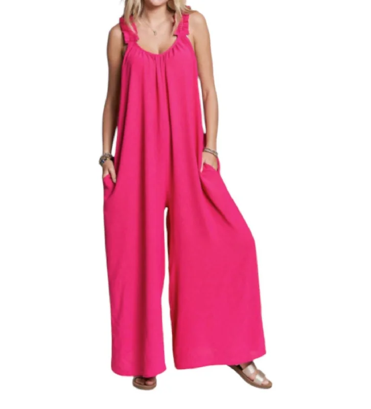 Elastic Ruffle Shoulder Jumpsuit In Fuschia