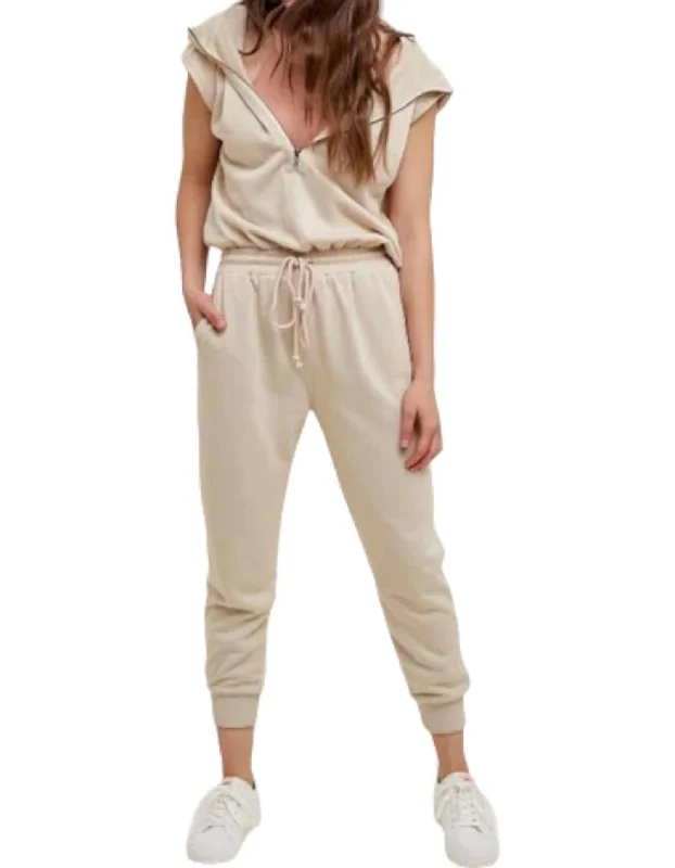 French Terry Hooded Jumpsuit In Taupe