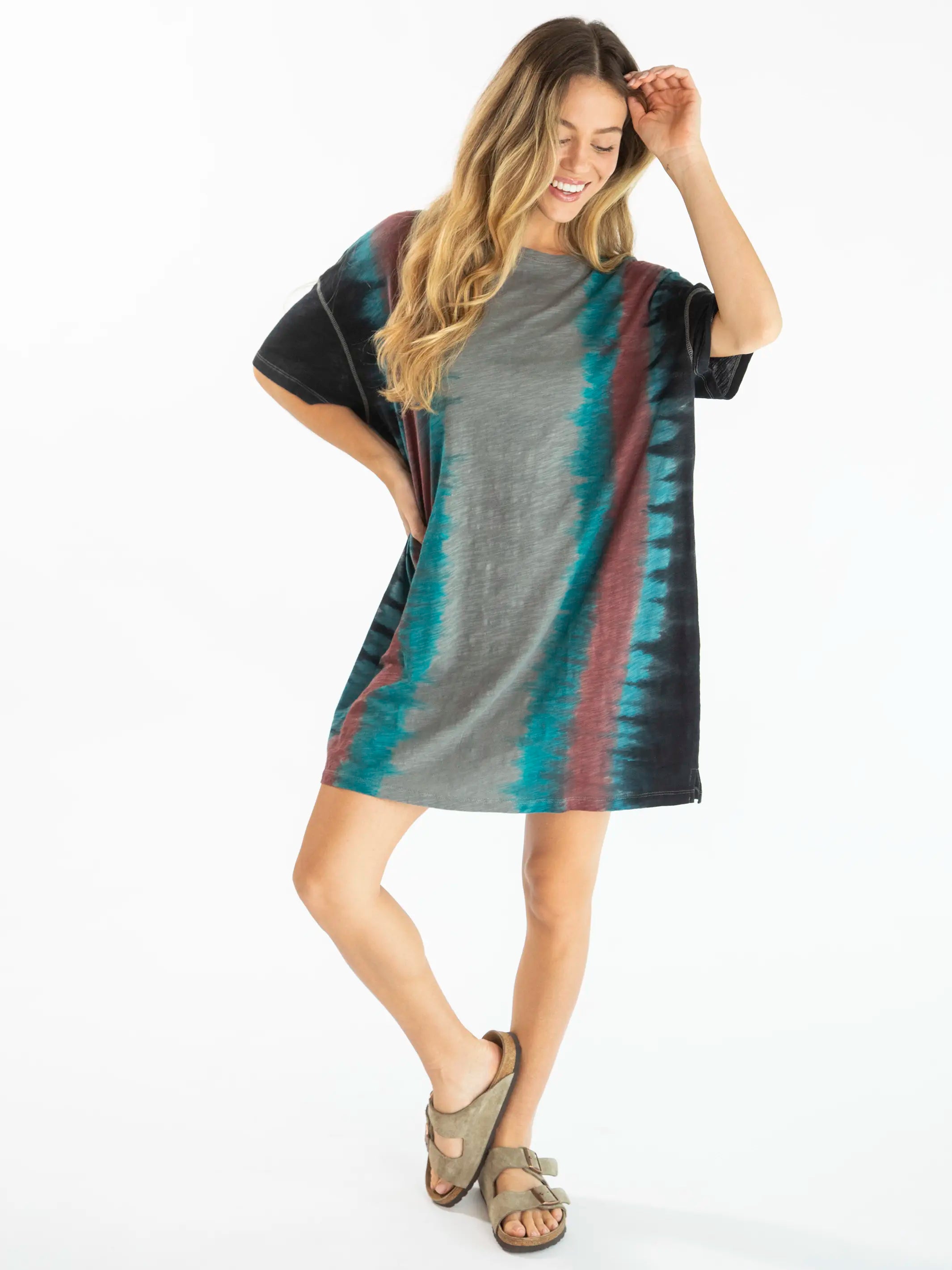 Misty Oversized Cotton Tee Mini Dress - Turquoise Tie-Dye