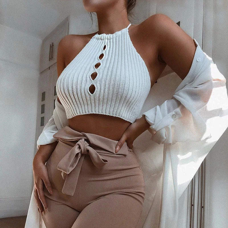 Sexy White Cutout Open Back Cropped Rib Knit Halter Top